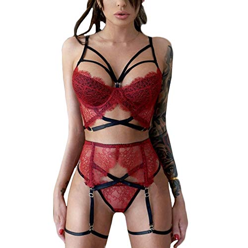 Women's Lingerie, White Lingerie Set Nighty For Women Lingerie Valentines Day Sexy New Lingerie Set Plus Size Wireless Bra Underwear With Garter M-3Xl Women's Pajamas Lengerie (L, Lv1-Red)