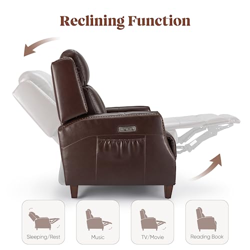 BMBMT Genuine Leather Recliner Chair Sofa with Double Layer Backrest, Power Recliner, Retro Rivet Design, High-Density Sponge Recliner Chair for Living Room, Brown