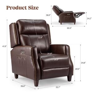 BMBMT Genuine Leather Recliner Chair Sofa with Double Layer Backrest, Power Recliner, Retro Rivet Design, High-Density Sponge Recliner Chair for Living Room, Brown