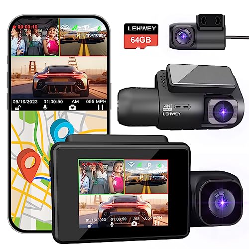 Dash Cam Camera For Cars Dashcam - Lehwey 3 Channel Dash Camera 4k 2160P+1440P+1080P Front Rear Inside, Built in WiFi GPS, With 64GB Card, Night Vision, G-Sensor Parking Mode, 170°Angle Loop Recording