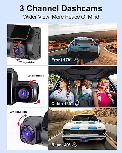 Dash Cam Camera For Cars Dashcam - Lehwey 3 Channel Dash Camera 4k 2160P+1440P+1080P Front Rear Inside, Built in WiFi GPS, With 64GB Card, Night Vision, G-Sensor Parking Mode, 170°Angle Loop Recording