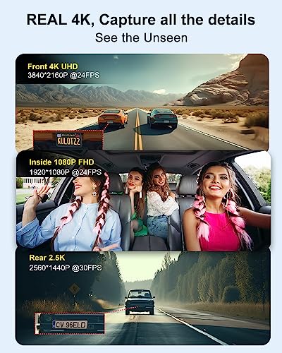 Dash Cam Camera For Cars Dashcam - Lehwey 3 Channel Dash Camera 4k 2160P+1440P+1080P Front Rear Inside, Built in WiFi GPS, With 64GB Card, Night Vision, G-Sensor Parking Mode, 170°Angle Loop Recording