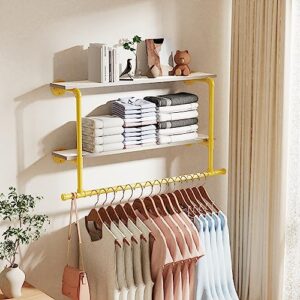moutik wall clothing rack gold - 46" long industrial pipe garment rack with 2 tier shelves, heavy duty iron clothes rod retail display for bedroom, laundry
