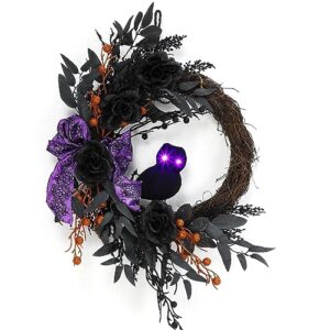 22 inch halloween wreaths for front door, halloween owl wreath with lighted eyes, prelit black halloween wreath with artificial roses willow leaves ribbon for halloween indoor outdoor home decor