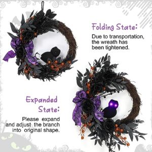 22 Inch Halloween Wreaths for Front Door, Halloween Owl Wreath with Lighted Eyes, Prelit Black Halloween Wreath with Artificial Roses Willow Leaves Ribbon for Halloween Indoor Outdoor Home Decor