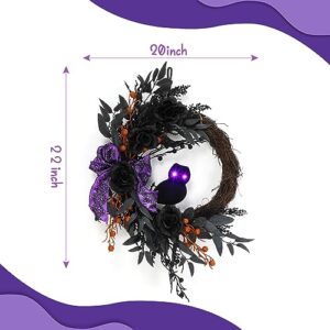 22 Inch Halloween Wreaths for Front Door, Halloween Owl Wreath with Lighted Eyes, Prelit Black Halloween Wreath with Artificial Roses Willow Leaves Ribbon for Halloween Indoor Outdoor Home Decor