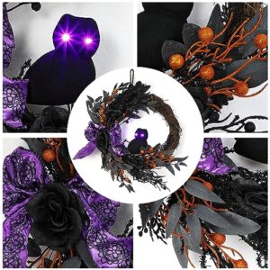 22 Inch Halloween Wreaths for Front Door, Halloween Owl Wreath with Lighted Eyes, Prelit Black Halloween Wreath with Artificial Roses Willow Leaves Ribbon for Halloween Indoor Outdoor Home Decor