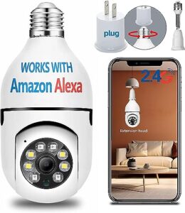qamy optapower light bulb security camera,with extension link, light bulb camera, 2.4g wifi 360° ptz screw in camera light socket outdoor works with alexa & google assistant,light bulb camera outdoor