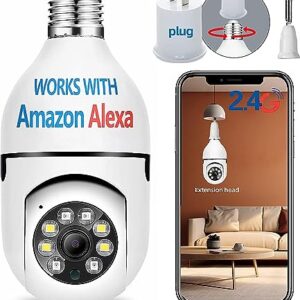 QAMY Optapower Light Bulb Security Camera,With Extension Link, Light Bulb Camera, 2.4g Wifi 360° PTZ Screw In Camera Light Socket Outdoor Works With Alexa & Google Assistant,Light Bulb Camera Outdoor