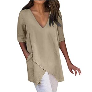 ceboyel womens cotton linen summer tops irregular hem shirts v neck 3/4 sleeve blouses tunic loose fit ladies clothing 2023