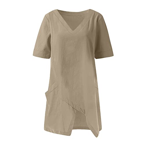 Ceboyel Womens Cotton Linen Summer Tops Irregular Hem Shirts V Neck 3/4 Sleeve Blouses Tunic Loose Fit Ladies Clothing 2023