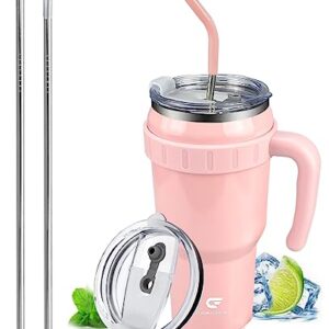 Camicour 40 Oz Tumbler With Handle Insulated Travel Mug With Straw，Reusable Stainless Steel Water Bottle Travel Mug Iced Coffee Cup，Keeps Drinks Cold Up To 34 Hours Or Hot For 12 Hours (Pink)