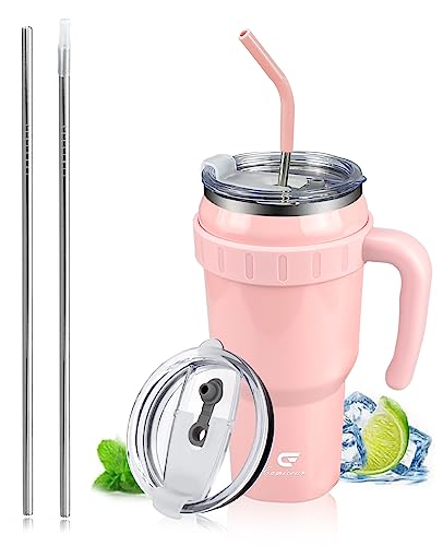 Camicour 40 Oz Tumbler With Handle Insulated Travel Mug With Straw，Reusable Stainless Steel Water Bottle Travel Mug Iced Coffee Cup，Keeps Drinks Cold Up To 34 Hours Or Hot For 12 Hours (Pink)