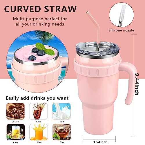 Camicour 40 Oz Tumbler With Handle Insulated Travel Mug With Straw，Reusable Stainless Steel Water Bottle Travel Mug Iced Coffee Cup，Keeps Drinks Cold Up To 34 Hours Or Hot For 12 Hours (Pink)