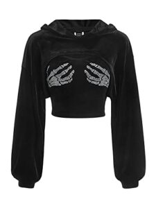 verdusa women's 2pc rhinestone skeleton pattern cami crop top hoodie cover up sweatshirt black m