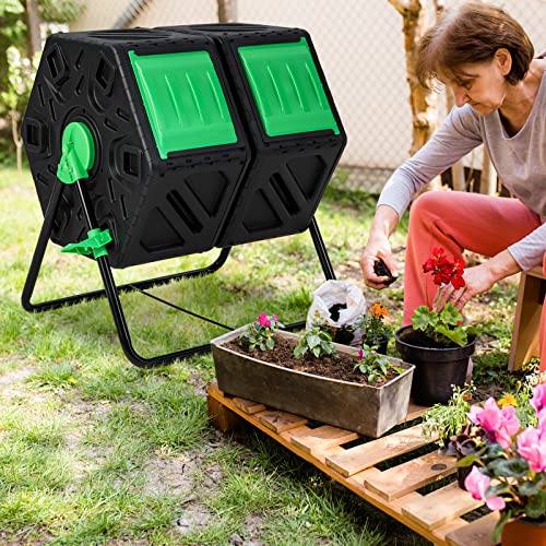 Goplus Compost Bin, Dual Chamber 34.5 Gal Compost Tumbler with 2 Rotating Chambers, Sliding Doors, High-Volume Outdoor Garden Composter, Rotating Composting Bin for Garden Yard, BPA Free