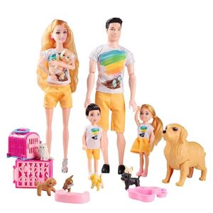 family dolls set of 6 people with dollhouse pets included pregnant mom dad 3 kids and baby boy in mommy's tummy, doll playsets and accessories for 3-12 years old toddlers gift