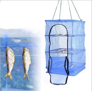 drying rack 4 layers folding fish mesh, vegetable fish dish screen hanging foldable drying mesh storage bag blue (4 layers)