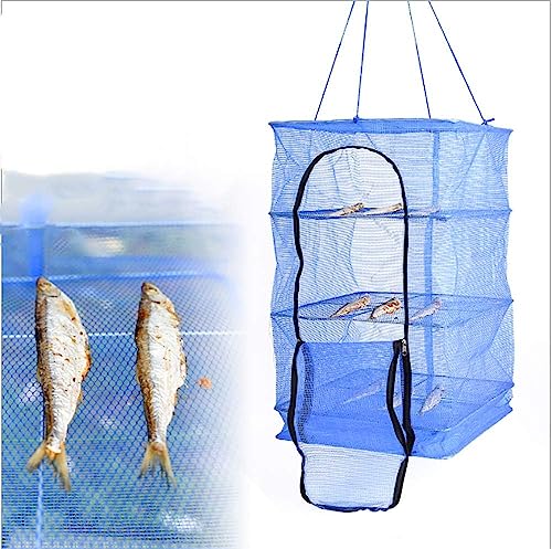 Drying Rack 4 Layers Folding Fish Mesh, Vegetable Fish Dish Screen Hanging Foldable Drying Mesh Storage Bag Blue (4 Layers)