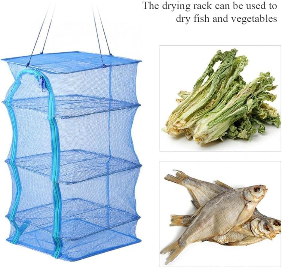 Drying Rack 4 Layers Folding Fish Mesh, Vegetable Fish Dish Screen Hanging Foldable Drying Mesh Storage Bag Blue (4 Layers)