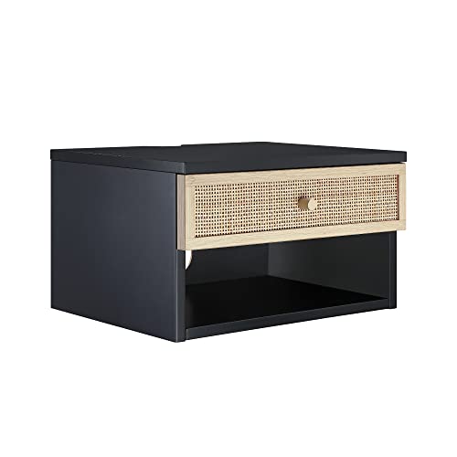 Nathan James Jackson Modern Floating Bedside Nightstand with Drawer, 1, Black/Rattan