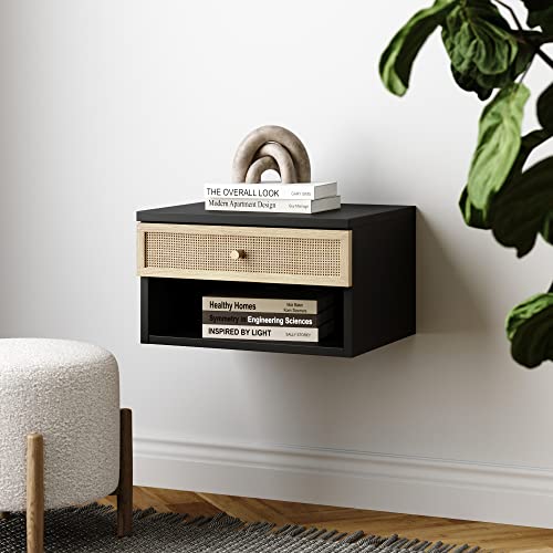 Nathan James Jackson Modern Floating Bedside Nightstand with Drawer, 1, Black/Rattan