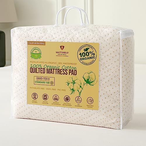 Luxury Quilted Waterproof Organic Mattress Pad Protector California King 100% Organic Cotton Hypoallergenic Breathable Mattress Pad Cover - Premium 380 GSM Comfort - Fitted Allergy Shield