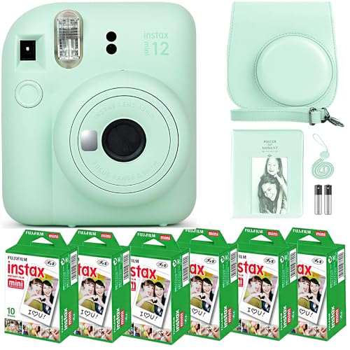 Fujifilm Instax Mini 12 Camera with Fujifilm Instant Mini Film (60 Sheets) Bundle with Deals Number One Accessories Including Carrying Case, Photo Album, Stickers (Mint Green)