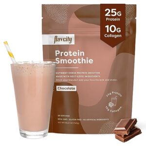 flavcity protein powder smoothie, chocolate - 100% grass-fed whey protein smoothie with collagen protein (25g of protein) - gluten free & no added sugars (40.21 oz)
