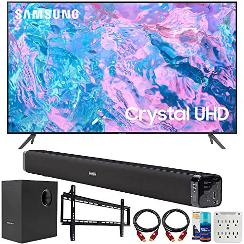 SAMSUNG UN65CU7000 65 inch Crystal UHD 4K Smart TV Bundle with Deco Gear Home Theater Soundbar with Subwoofer, Wall Mount Accessory Kit, 6FT 4K HDMI 2.0 Cables and More (2023 Model)