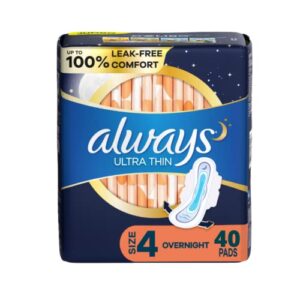 ultra thin, feminine pads for women, size 4, overnight, with wings, 40 count (pack of 1)