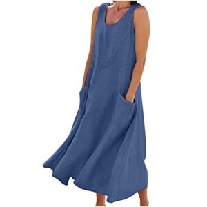 amidoa summer cotton linen dresses for women baggy loose sleeveless summer midi dress ladies flowy tank dress with pockets