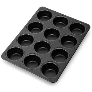 p&p chef 12 cup muffin pan, cupcake pan, non-stick stainless steel baking tin tray for mini muffin cupcake tart, easy release & clean, non-toxic & durable, black
