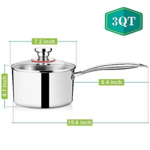 3 Quart Tri-Ply Stockpot and Saucepan, P&P CHEF Stainless Steel Sauce Pan with Lid, Cooking Induction Pot, Kitchen Cookware for All Stoves, Non-toxic, Durable & Dishwasher Safe