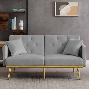 antetek convertible futon sofa bed, 59-inch modern velvet sleeper sofa small loveseat with two pillows, 3 adjustable positions and 6 golden metal legs furniture for living room and bedroom, grey