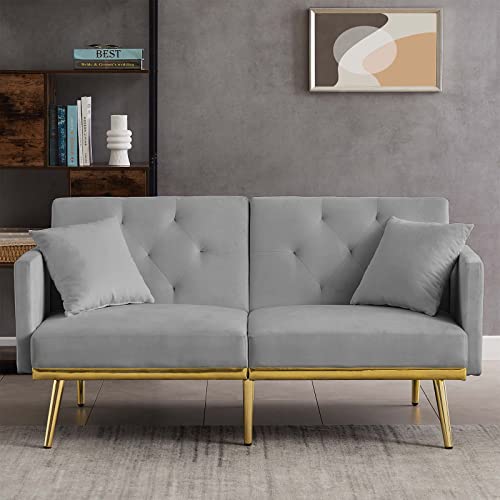 Antetek Convertible Futon Sofa Bed, 59-inch Modern Velvet Sleeper Sofa Small Loveseat with Two Pillows, 3 Adjustable Positions and 6 Golden Metal Legs Furniture for Living Room and Bedroom, Grey