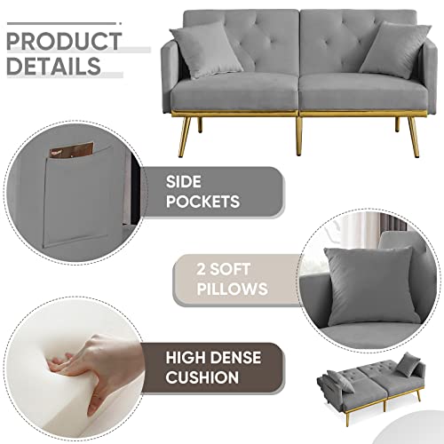 Antetek Convertible Futon Sofa Bed, 59-inch Modern Velvet Sleeper Sofa Small Loveseat with Two Pillows, 3 Adjustable Positions and 6 Golden Metal Legs Furniture for Living Room and Bedroom, Grey