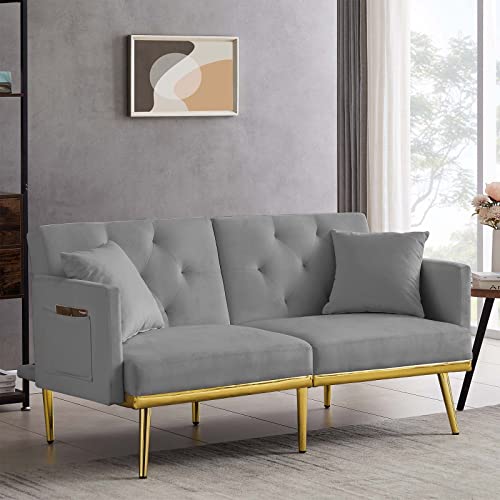 Antetek Convertible Futon Sofa Bed, 59-inch Modern Velvet Sleeper Sofa Small Loveseat with Two Pillows, 3 Adjustable Positions and 6 Golden Metal Legs Furniture for Living Room and Bedroom, Grey