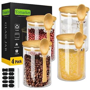 yomarket 4 pack airtight glass jars with bamboo lid and spoons 17 oz food storage container with labels, overnight oats containers with lids for flour, sugar, tea, cookies, candy, cereal, coffee
