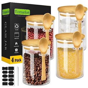 Yomarket 4 Pack Airtight Glass Jars with Bamboo Lid and Spoons 17 Oz Food Storage Container with Labels, Overnight Oats Containers with Lids for Flour, Sugar, Tea, Cookies, Candy, Cereal, Coffee