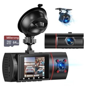 milerong dash cam front rear and inside, fhd 1920p dash camera for cars, dashcam three way triple car camera with ir night vision, rotating inside camera, 24h parking mode, wdr