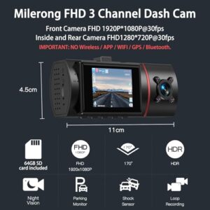 Milerong Dash Cam Front Rear and Inside, FHD 1920P Dash Camera for Cars, Dashcam Three Way Triple Car Camera with IR Night Vision, Rotating Inside Camera, 24H Parking Mode, WDR