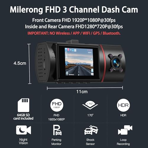 Milerong Dash Cam Front Rear and Inside, FHD 1920P Dash Camera for Cars, Dashcam Three Way Triple Car Camera with IR Night Vision, Rotating Inside Camera, 24H Parking Mode, WDR
