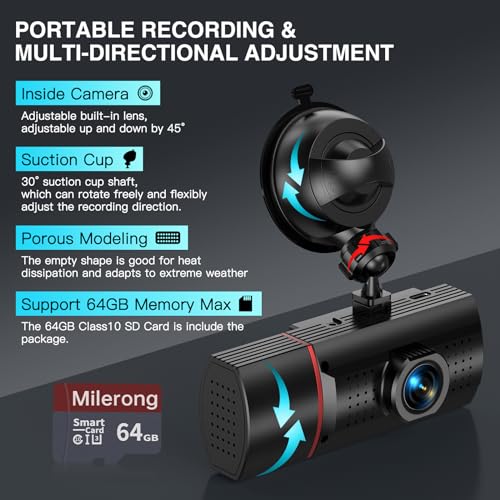 Milerong Dash Cam Front Rear and Inside, FHD 1920P Dash Camera for Cars, Dashcam Three Way Triple Car Camera with IR Night Vision, Rotating Inside Camera, 24H Parking Mode, WDR