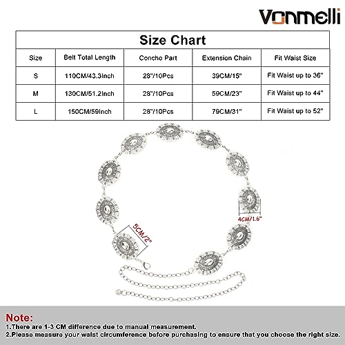 VONMELLI Western Chain Belt for Women Concho Silver Link Chain Belts for Jeans Dresses Silver S
