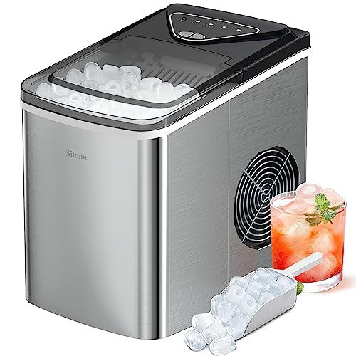 Silonn Ice Makers Countertop, 9 Cubes Ready in 6 Mins, 26lbs in 24Hrs, Self-Cleaning Ice Machine with Ice Scoop and Basket, 2 Sizes of Bullet Ice for Home Kitchen Office Bar Party