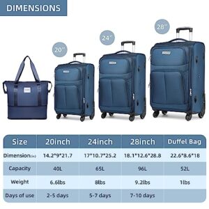 LARVENDER Softside Luggage Sets 3 Piece with Duffel Bag, Expandable Rolling Suitcases Set with Spinner Wheels, Lightweight Upright Travel Luggage Set with TSA-Approved Lock, Blue(20/24/28)"