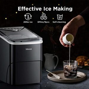 Silonn Ice Makers Countertop, 9 Cubes Ready in 6 Mins, 26lbs in 24Hrs, Self-Cleaning Ice Machine with Ice Scoop and Basket, 2 Sizes of Bullet Ice for Home Kitchen Office Bar Party, Black