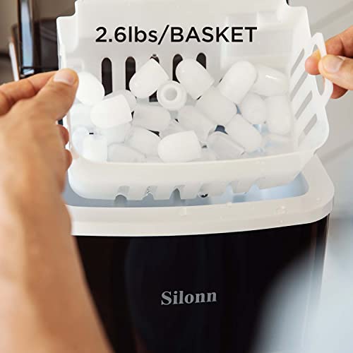 Silonn Ice Makers Countertop, 9 Cubes Ready in 6 Mins, 26lbs in 24Hrs, Self-Cleaning Ice Machine with Ice Scoop and Basket, 2 Sizes of Bullet Ice for Home Kitchen Office Bar Party, Black