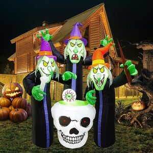 lanstics halloween inflatable outdoor, 6.2ft witch inflatable yard decoration 3 witch around cauldron with led light green eye skull halloween blow up decoration for lawn party home decor…